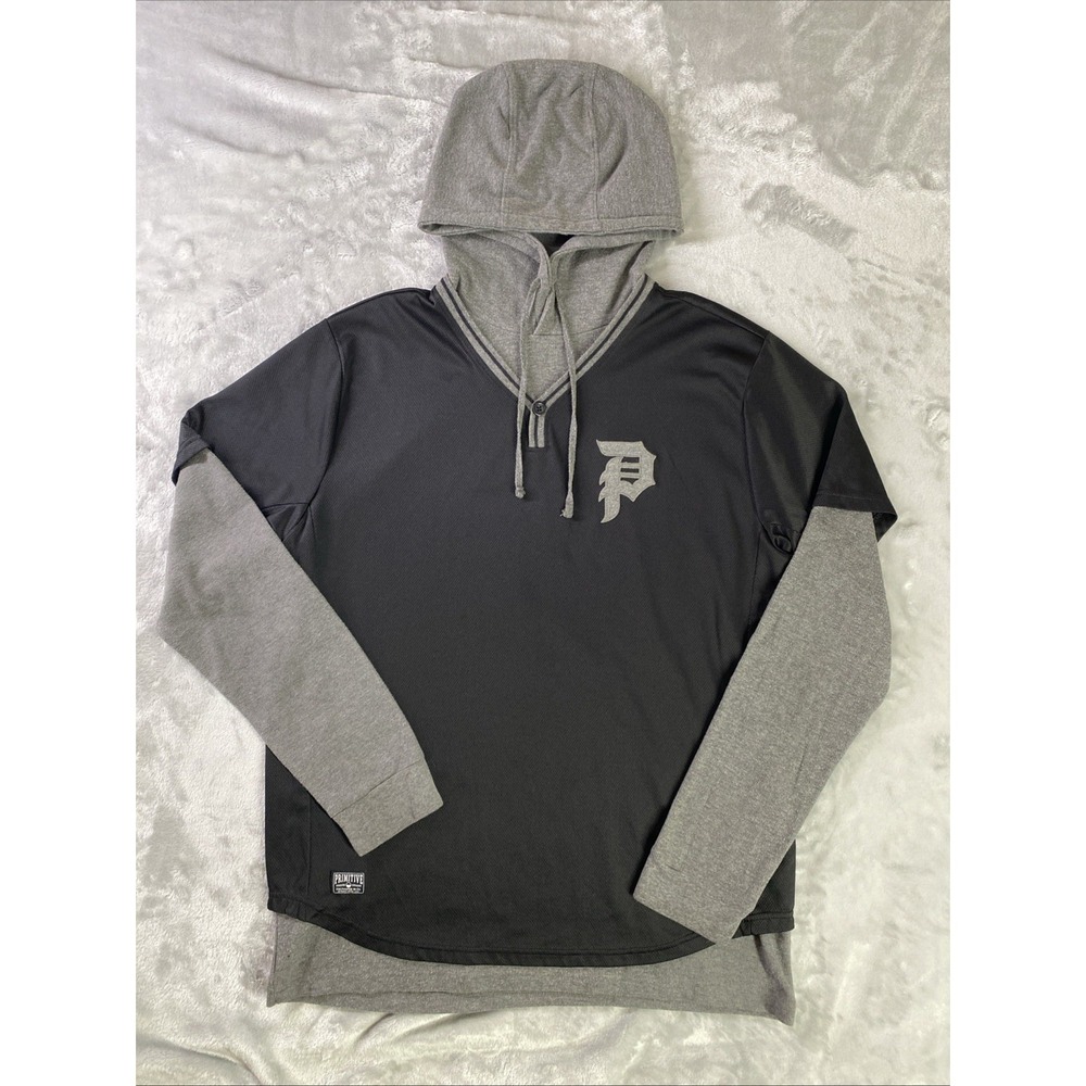 Primitive Hoodie Jersey Mens Large Black Grey Layered Logo‎ Skateboarding Shirt
